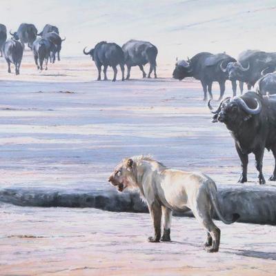 "PAUL BOSMAN (AMERICAN, B. 1929) | lion in desert scene
42 x 59.5 in., sight  
oil and mixed media
signed lower left and dated 1989...