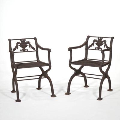 PAIR REGENCY CAST IRON GARDEN ARMCHAIRS | rod seats, x-form supports, urn splats