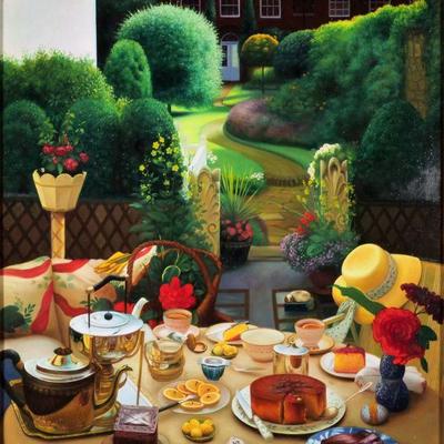 "J. CLARKE OIL PAINTING | Tea scene in an English courtyard
40.25 x 30 in. Stretcher
Signed lower left in black & gilt frame 
w....