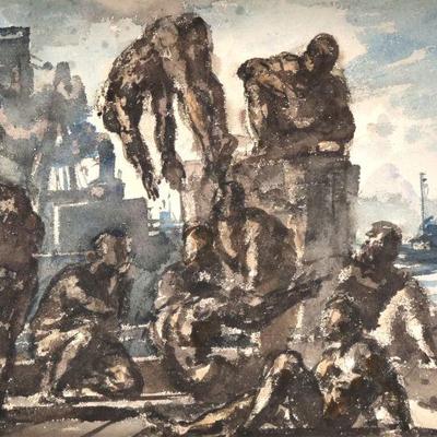 REGINALD MARSH (AMERICAN, 1898-1954) | figures on a pier
watercolor on paper
13 x 18.5 in. (sight)
h. 25 x w. 30 in. (frame)
signed lower...