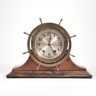 "SETH THOMAS SHIPS BELL CLOCK | Seven Jeweled Eight Day yacht wheel ship's bell clock with dedication dated 1940 engraved to...