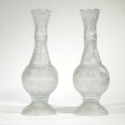 "PAIR MONUMENTAL CUT CRYSTAL VASES | Of five piece construction
h. 36 x dia. 12 in."