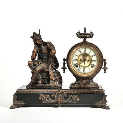 "ANSONIA FIGURAL MANTEL CLOCK | Having bronzed figure Hermes or Mercury seated with a winged helmet
h. 14.5 x w. 7 x l. 17.5 in."