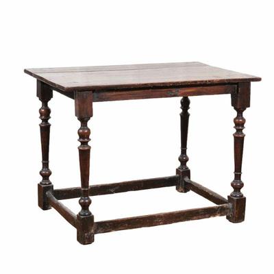 "ANTIQUE SIDE TABLE | wide board top, spindle turned legs joined by a box stretcher
h. 29 x w. 25 x l. 39.5 in."