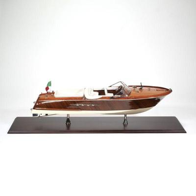 ITALIAN RIVA WOODEN MODEL SPEEDBOAT, NEW IN BOX | l. 33 in.