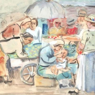 JOSEF FOSHKO (1891-1971) | colorful market scene
Watercolor on paper
Sight 11 x 14.75 in.
Signed and dated lower left, in a carved frame...