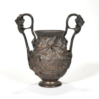 BEAUX ARTS BRONZE VASE | Cast bronze vase with bird and grape decoration in high releif
h. 6.5 x w. 4 x l. 6 in.
