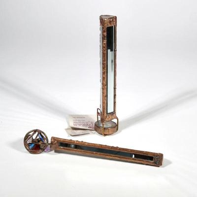 "(2pc) WINDSEYE KALEIDOSCOPES | Windseye by Doug Johnson, two hand-crafted copper kaleidoscopes, one with stained glass end piece,...
