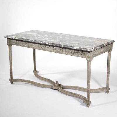 18TH/19TH CENTURY FRENCH MARBLE TOP CONSOLE TABLE | Having a figured variegated stone top, the front and sides with foliate and scroll...