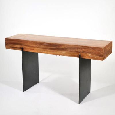 """MATCH"" MINIMALIST SIDE TABLE | Post modern, designed as a very thick section of wood resting on two broad...