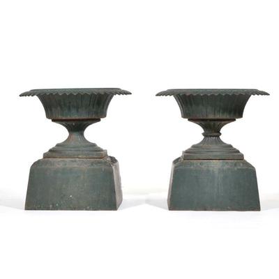 "(2pc) PAIR CAST IRON PLANTER URNS | Green painted cast iron planter urns
h. 22 x dia. 21 in."