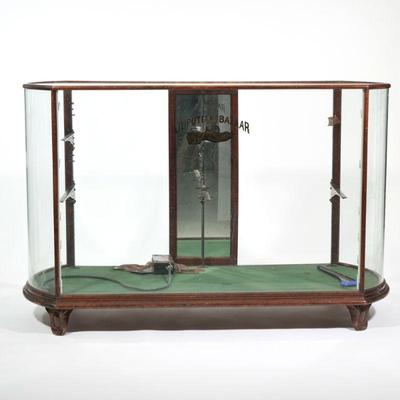 "LILLIPUTIAN BAZAAR" GLASS DISPLAY CASE | glass top, convex curved glass sides, and a glass front with gilt decoration of...