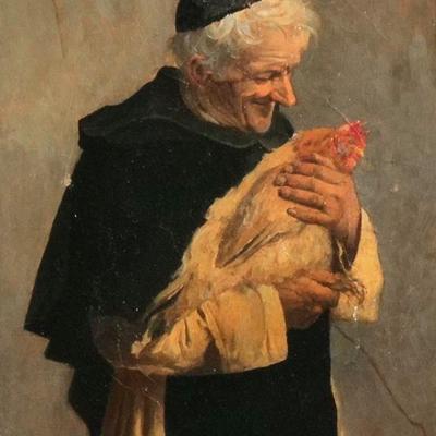 ALESSANDRO SANI (ITALIAN, 1856-1927) | Monk holding a rooster
oil on canvas
h. 12 x 9 in., stretcher
signed "A. Sani" upper...