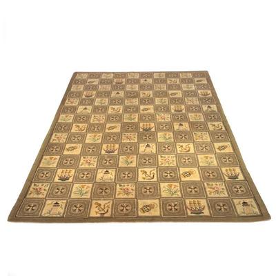 ANTIQUE AMERICAN NAUTICAL THEMED HOOKED RUG | Stitched with lighthouses, sailing ships, anchors, flowers, and more; original stock number...