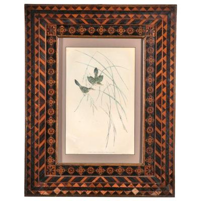 FOLK ART INLAY FRAME WITH FLORAL PRINT | The frame with geometric pattern in contrasting woods

