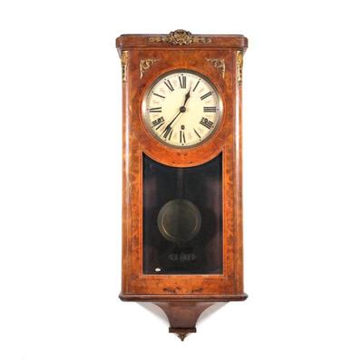 "FRENCH BURLWOOD REGULATOR WALL CLOCK | Printed face with decorations and black Roman numerals, with eight tone chime, interior with...