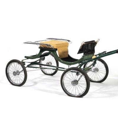 JERALD MFG "DEVON VICEROY" SULKY PONY CART, HILFIGER COLLECTION | Having green paint with yellow/gold accents, yellow tweed...
