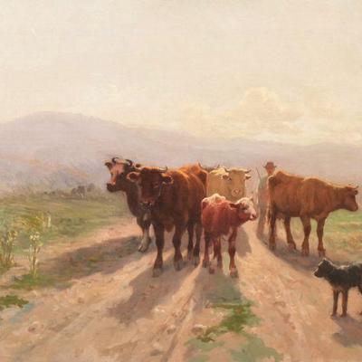 "MARTIN COULAUD (FRENCH, 1860-1906) | Dog with Cattle
oil on canvas
18.5 x 26 in.
Signed lower left
h. 18.5 x l. 26 mm. (With steel...