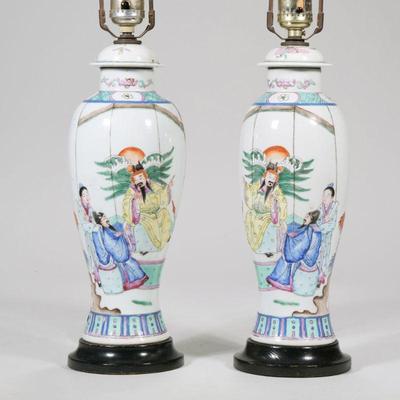 "PAIR CHINESE TABLE LAMPS | Decorated with figural court scene and flower accents, vase only 
h. 11.25 in. with lid
h. 24.5 in....