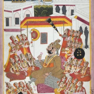 MAHARAJAH BHIM SINGH SEATED ON PILLOWS IN THE ZENANA, JODHPUR DATED 1803 | Surrounded by handmaidens and dressed in a gold jama and pagri...