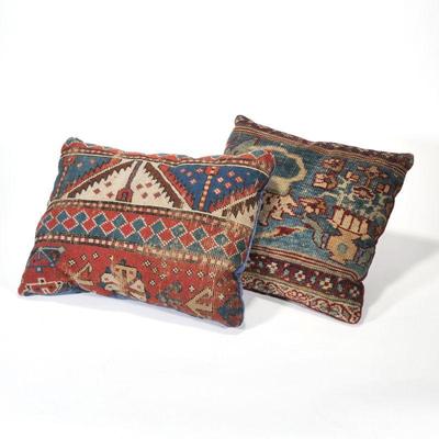 "(2pc) RUG UPHOLSTERED PILLOWS | geometric rug fragments, velvet backs
h. 14 x l. 19 in. (Largest)"