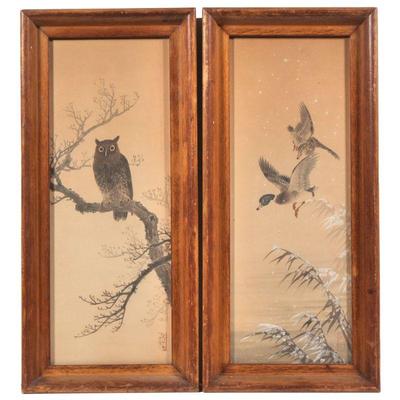 "(2pc) JAPANESE WATERCOLOR BIRDS | Including an owl perched on a branch, and two ducks in flight
h. 13.5 x w. 6.5 in. (each...