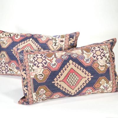 "(2pc) PAIR RUG UPHOLSTERED PILLOWS | Two rectangular throw pillows with rug medallion and brown fabric upholstery
h. 18.5 x l. 29...
