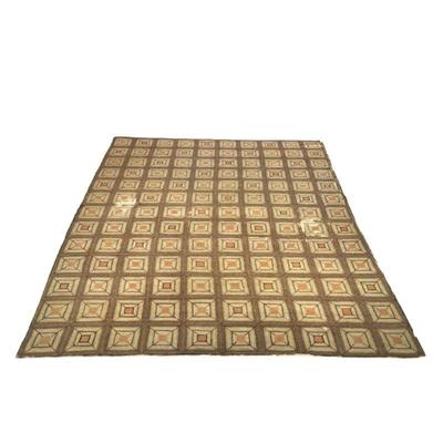 ANTIQUE AMERICAN HOOKED RUG, HILFIGER COLLECTION | Brown tile pattern with orange highlights - w. 104 x l. 142 in.