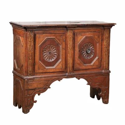 FAN CARVED SIDE CABINET | Of unusual form
h. 36.5 x w. 43 x d. 16.5 in.