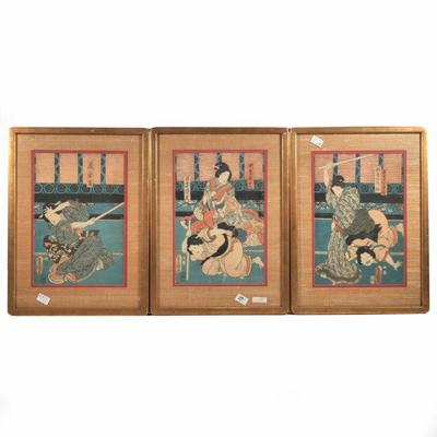 "(3pc) JAPANESE WOOD BLOCK PRINTS | 3 colorful Japanese wood block prints; 13.5 x 9 in. sight 
h. 19.25 x w. 14.25 in. (Frame)"