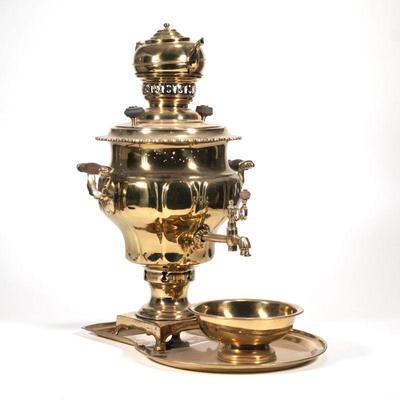 "ANTIQUE BRASS SAMOVAR | Wooden handles and fitted undertray
h. 20.5 x w. 12 x d. 17.5 in."