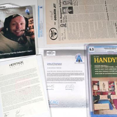 (4pc) ARMSTRONG FAMILY EPHEMERA | Including handyman version 19 number four graded and addressed to Neal Armstrong; the golden jet V3,...