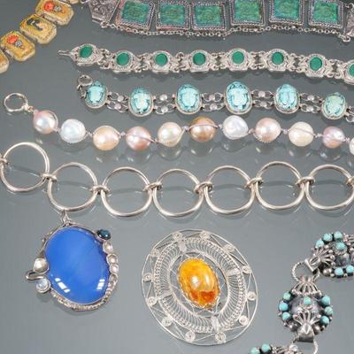 "(9pc) PEARL, TURQUOISE, SCARAB, STERLING & OTHER JEWELRY | Including an Aspen & Salt baroque pearl bracelet (8 in.,...