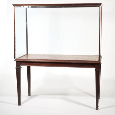 F. SAGE & CO. LTD. LONDON, DISPLAY CABINET WITH TABLE BASE | Having three glass sides and a glass top, parquetry interior, with...