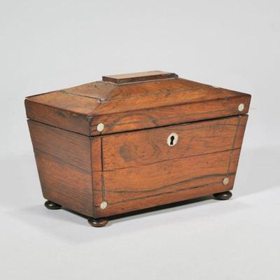 "SARCOPHAGUS FORM TEA CADDY | With mother of pearl inlay
h. 5.5 x w. 9 x d. 5.25 in."