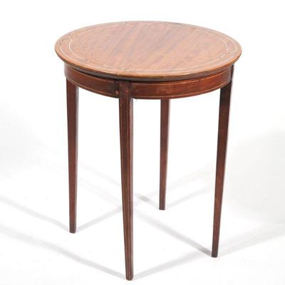 "SATINWOOD ROUND SIDE TABLE | Line inlays
h. 24 x dia. 20 in."
