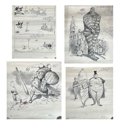 A.B. SECOR / W.L. EVANS SCHOOL OF CARTOONING EPHEMERA | 4 cartoon copies with annotations by A.B. Secor for the W.L. Evan's School...