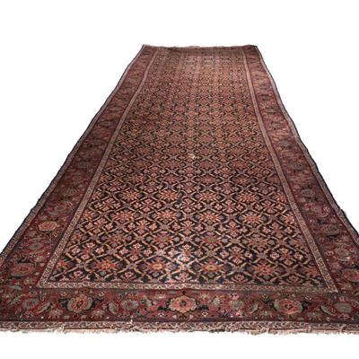 ANTIQUE KARABAGH CARPET | flat woven large runner with an overall pattern in red and beige over a blue ground - w. 65 x l. 235 in.