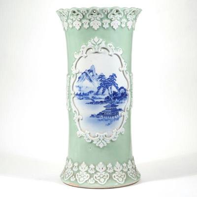 "JAPANESE GLAZED CELADON MEDALLION UMBRELLA STAND | With underglaze blue mountainous landscape painted in reserve on one side and a...