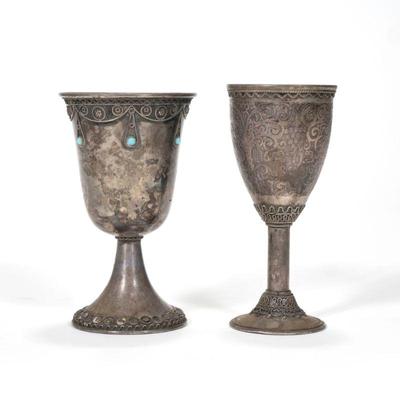 "(2pc) STERLING KIDDUSH CUPS | Including a Kiddush cup with applied turquoise cabochones, marked on the bottom ""ZADOK /...