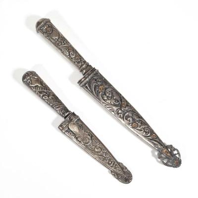 (2pc) 19TH C. ARGENTINA GAUCHO SILVER FIGHTING KNIFE / DAGGERS | Including a knife with a chased repousse 800 silver handle and sheath...