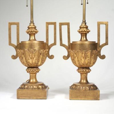 PAIR 18TH/19TH CENTURY GILT CARVED URN-FORM LAMPS | Double handled gilt carved urn form lamps with acanthus leaves and mounting handles...