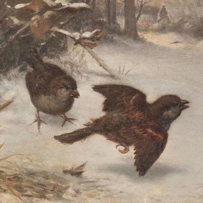 "GUSTAV KONRAD SÜS (1823-1881) PAINTING | Sparrows in Snow
oil on canvas
9.25 x 11.5 in, stretcher
Signed lower right. Has been...