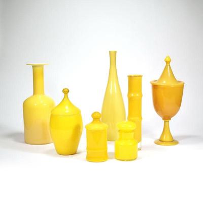 "(6pc) OTTO BRAUER YELLOW GLASS GROUP | Comprising: three open vases and four lidded vessels
h. 16.75 x dia. 4.5 in. (tallest)"