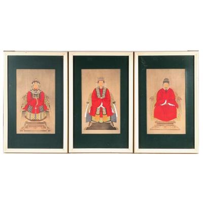 "(3pc) CHINESE ANCESTRAL PORTRAITS | Including two female portraits and a male portrait, each uniformly matted and framed; sight 
h....