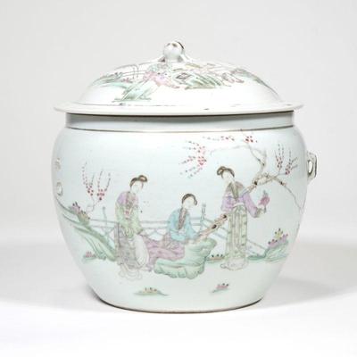 CHINESE LIDDED JAR | showing women in robes before blossoming trees, and with calligraphy, faint red seal mark to bottom