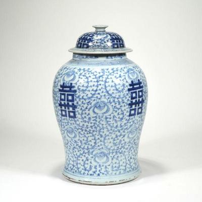 "CHINESE BLUE & WHITE GINGER JAR | having a four character mark on bottom
h. 16.5 x dia. 9.5 in."