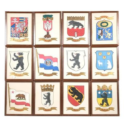 "(12pc) HERALDIC PAINTINGS WITH BEARS | Flags and emblems with bears
Gouache on paper with gilding
Each uniformly framed, apparently...