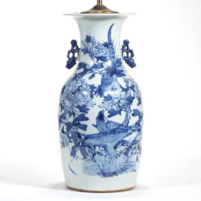 "CHINESE BLUE & WHITE LAMP | Designed as an amphora form vase with open work mounts decorated with birds among blossoming...