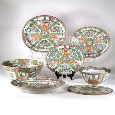 "(6pc) CHINESE FAMILLE ROSE PORCELAIN | Including an oval dish with frog for flowers, a large center bowl (
h. 5.5 x dia. 13.5 in.),...